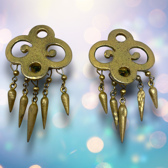 Vintage 1980's Gold Tone Trefoil Dangle Clip On Earrings Couture Mogul Runway - Picture 1 of 4